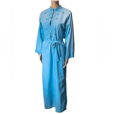 Veloso’s Gift Shop Vintage 70s Blue Boho Hippie Embroidered Mock Neck Maxi Dress - Image 1 of 4