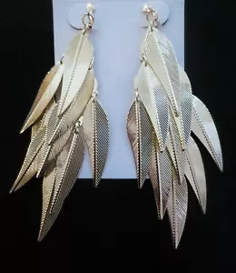 4.5" LONG Earrings CLIP ON Feather Wings GOLD DRIP DANGLE Jewelry NON PIERCED bn - Picture 1 of 11