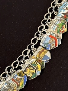 Vintage 37 European Cities Charm Bracelet Enamel Sterling Silver 800 And 835 - Picture 1 of 11