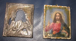 XIX secolo Icona russa da viaggio con riza in argento - Cristo benedicente - Foto 1 di 4