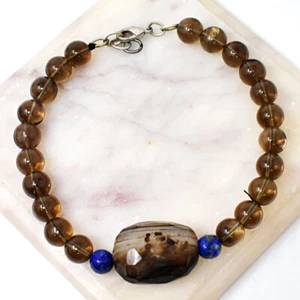 145.00 Cts Natural 8 Inches Long Smoky Quartz & Onyx Beads Bracelet NK-31E218 - Picture 1 of 2