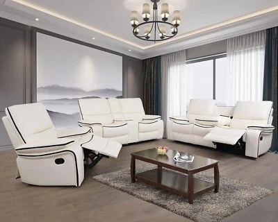 NEW Modern Off-White Leather 3PC Sofa Set - Comfortable 5 Seats Recline! - Image 1 of 4