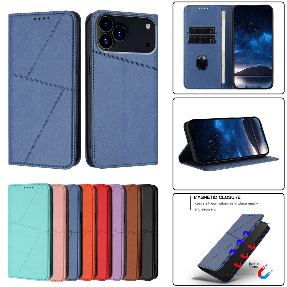 For iPhone 17 16e 15 14 Plus 13 12 11 Pro Max Leather Magnetic Flip Wallet Case - Image 1 of 4