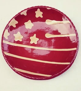 Primitive Redware Pottery signed Steven Nutt 7" Plate Bowl American Flag - Picture 1 of 6