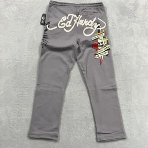 Ed Hardy Sweatpants Men Large Heart Skull Kills Y2K Japan Streetwear Grey Design - Picture 1 of 14