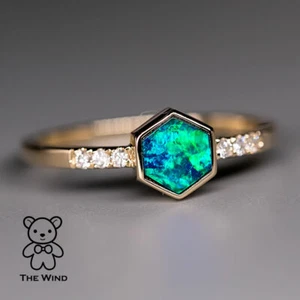 Geometric Design Hexagon Australian Doublet Opal & Diamond Ring 14K Yellow Gold - Picture 1 of 11