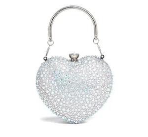 Ramla Amour Silver Heart Crystal Clutch w/ Chain Brand New  - Picture 1 of 2