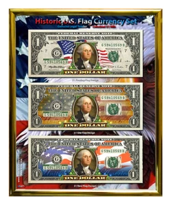 U.S. Bandiera fluente colorata set monete banconote da $1 in cornice 8" x 10" - Foto 1 di 6