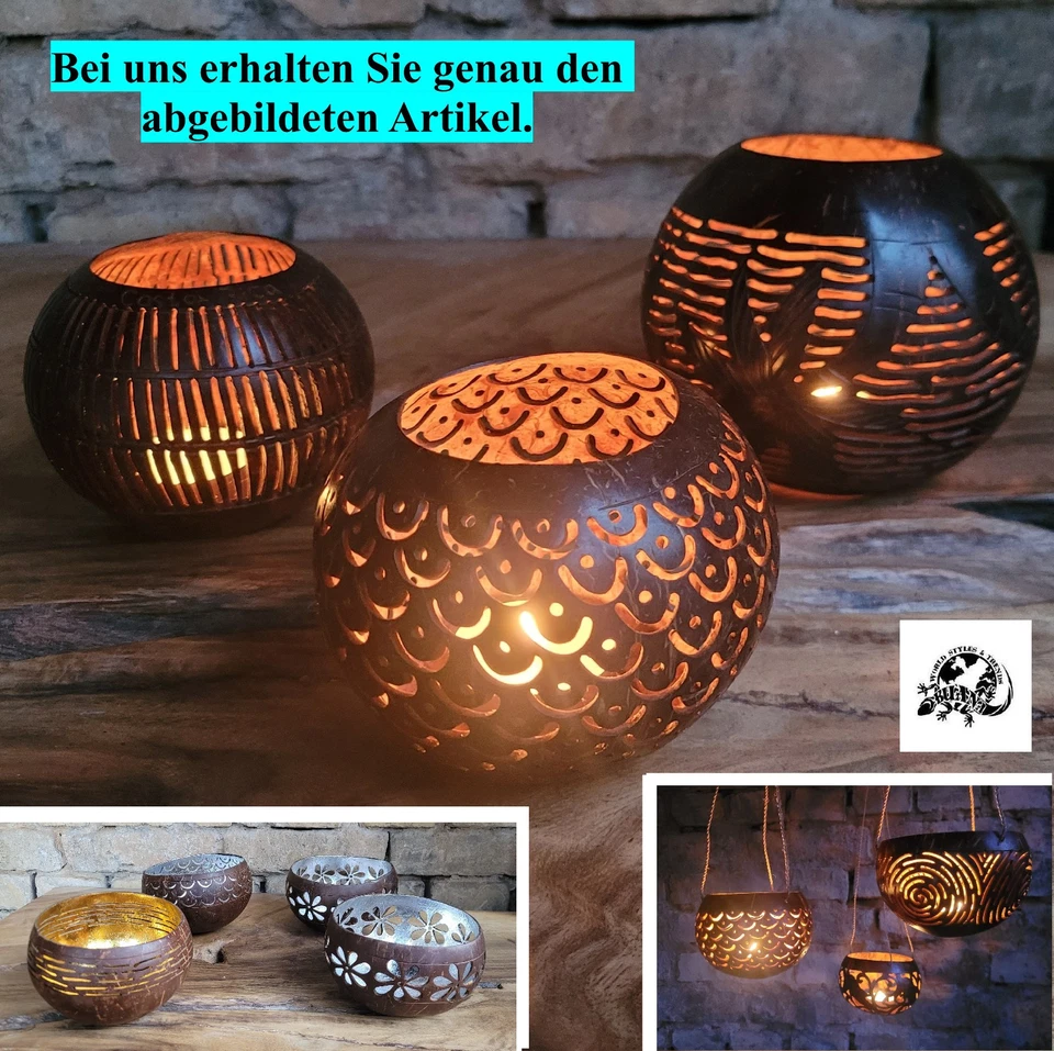 3 er SET Kokosnuss Windlichter zum hängen , Hängeampel, Teelicht zum stellen - Bild 1 von 1