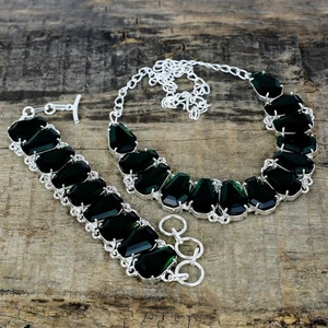 Emerald Lab-Created Gemstone 925 Sterling Silver Handmade Necklace Bracelet Set - Picture 1 of 4