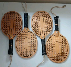 Set Of 4 Vintage Wooden Paddle Ball Rackets Wood Beach Pickleball Racqet - Picture 1 of 14