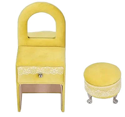 Mesa de tocador con taburete amarillo crema caja de almacenamiento de joyas muebles para casa de muñecas Foto 1 de 4