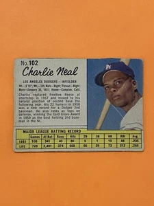 1962 Jello #102 Charlie Neal Dodgers Baseball Card #23AB *605DEALS* - Picture 1 of 2