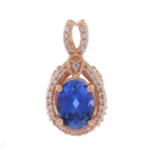 Rose Gold Lab Created Blue and White Sapphire Halo Pendant - 10k Oval 1.85ctw - Picture 1 of 7