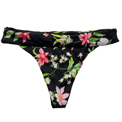 Bikini bottoms XS cheeky black floral high cut NWOT swimsuit swim thong pink - Image 1 of 3