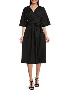 NEU Gibson & Latimer Surplice V-Ausschnitt Kurzarm Tie Front Wickel Midi Kleid Lg - Bild 1 von 3