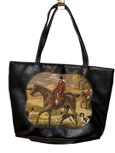 VTG. EQUESTRIAN HUNTSMAN ON HORSE CANVAS/FAUX LEATHER TOTE ARTWORK BY PAUL DAVIS - Picture 1 of 9