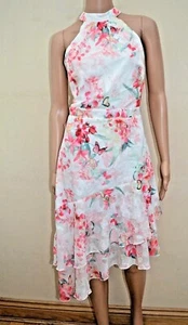 New Lipsy Delilah Floral Burnout Skater Halter Asymmetric Hem Dress Sz UK 14 - Picture 1 of 4