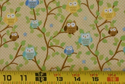 33" Long, Brown Gold Blue Owls on Gold Cotton, Riley Blake, Doodlebug, P8385 - Image 1 of 4