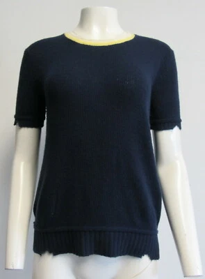 PRADA navy blue cashmere blend S/S sweater with distressed jagged hem & cuffs 42 - Image 1 of 4