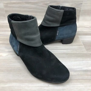 Mephisto Women's Sz 10 Black Grey Blue Soft Suede Ankle Boots 1 1/2" Heel Zip-Up - Picture 1 of 10