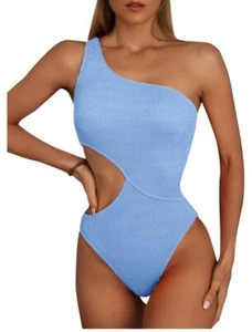 One Shoulder hellblauer gerippter Einteiler Badeanzug mit Cutout Damen Bademode Größe M - Bild 1 von 9