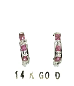 New 14k White Gold Lab Created Ruby/Dia Strip Euro Back Earrings - Picture 1 of 2