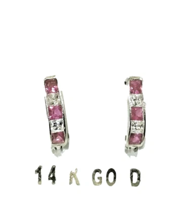 New 14k White Gold Lab Created Ruby/Dia Strip Euro Back Earrings - Image 1 of 2