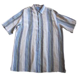 Bugatchi Uomo Mens 100% Linen Shirt Short Sleeve Blue Vertical Stripes Size XL - Picture 1 of 8