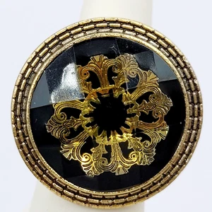 Brass Decorative Inlay Checkerboard Overlay Gold Tone Shield Vtg Ring Size 6.25 - Picture 1 of 24