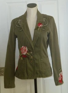 Rare Vtg Y2K JOHNNY WAS JWLA Embroidered Roses Boho Military Khaki Blazer S/M - Picture 1 of 21