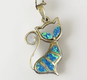 925 Sterling Silver Rhodium Plated Created Blue Fire Opal Cat Pendant Necklace - Picture 1 of 12