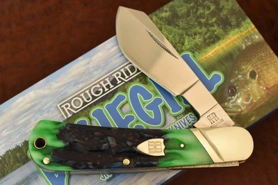 CUCHILLO MUESTREADOR DE ALGODÓN ROUGH RIDER RYDER BLUEGILL VERDE HUESO DE CIERVO BONITO Foto 1 de 4