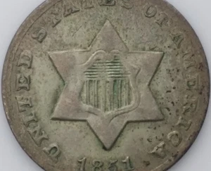 1851 O United States Silver 3 Cents – Star & Shield – Type 1 – No Lines Border - Picture 1 of 12