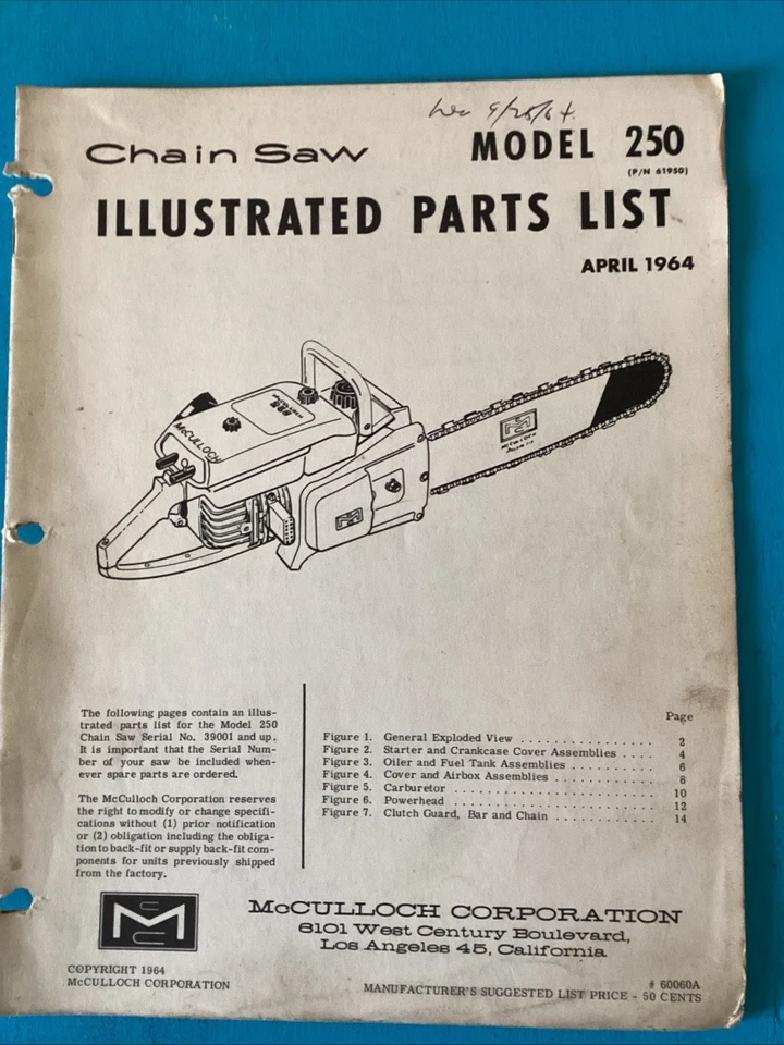 Mcculloch модель 250 цепная пила иллюстрированный список деталей ручная папка 3 - Изображение 1 из 1