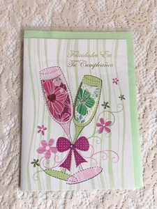 Spanish Greeting Card Felicidades en tu Cumpleanos Drinks Glasses Bow - Picture 1 of 6