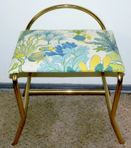 Vintage Brass Vanity Seat Chair Bench Blue Yellow Nautical Brass Flare Legs Cover