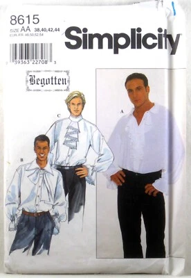SIMPLICITY PATTERN 8615 UNCUT Mens Puffy Pirate Shirt BEGOTTEN SIZE 38 40 42 44 - Image 1 of 2