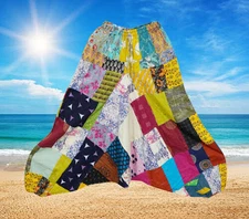 Boho Hippie Colorful Harem Pant, Floral Patchwork Cotton Summer Beach Pant S/M/L