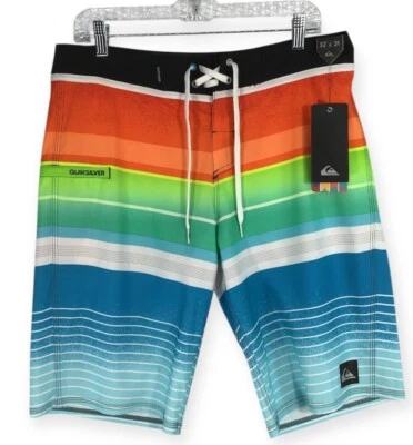Quiksilver NEW Board Shorts Men's Size 32 x 21 Neon Zip Pocket Logo Stripe  NWT - Image 1 of 4