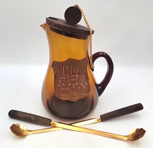 Renaissance Style Spanish Sangria Pitcher W 2 Wood Metal Stir Sticks Amber Glass - Picture 1 of 19