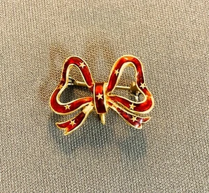 Gorgeous 1930-39, 18K Gold, Red Enamel Bow Brooch w/ Stars, Italian Hallmarks - Picture 1 of 11