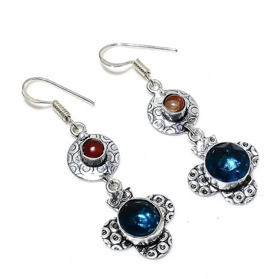 Topazio blu Londra, corniola gemma argento sterling 925 orecchino gioiello 2,09" - Immagine 1 di 4