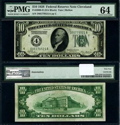 FR. 2000 D $10 1928 Federal Reserve Note Cleveland D-A Block Choice PMG CU64 - Image 1 of 3
