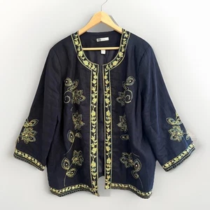 Dressbarn 18W Navy Embroidered Floral Artisan Jacket Lined Open Front 3/4 Sleeve - Picture 1 of 11