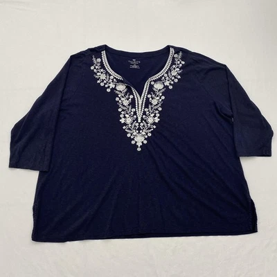 Camisa Talbots para mujer 3X Petite Azul marino bordada Cuello dividido Manga 3/4 Boho Foto 1 de 4