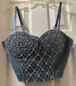 Say What Denim Corset Bustier Rhinestones Cropped Top Western Cowgirl Size M - Picture 1 of 8