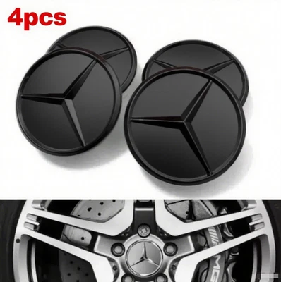 4 x 75mm Wheel Center Caps Hub Emblems Matte Black Fit Mercedes Benz C350 CLA250 - Image 1 of 4