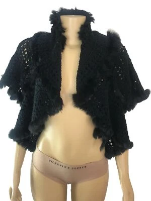  Suéter tejido Michelle Nicole para mujer negro acrílico mezcla de lana ribete de piel encogerse de hombros talla L Foto 1 de 4