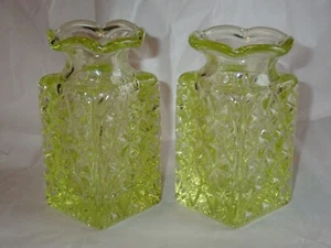 Antique Pair 4 3/4” EAPG Vaseline Pressed / Quilted  Diamond Pattern Vase Canary - Picture 1 of 6